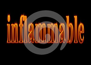 Wallpaper word inflammable with letters burning effect and fire detail on black background.