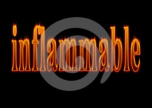 Wallpaper word inflammable with letters burning effect and fire detail on black background. photo
