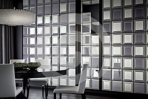 Wallpapered, Glass-paneled walls with a Premium Glass finish. Wallcovering of Glass, tiled, and square blocks. Generative Ai