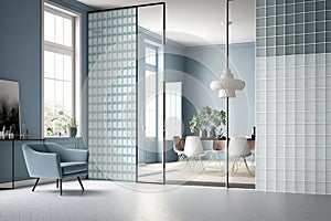 Wallpapered, Glass-paneled walls with a Premium Glass finish. Wallcovering of Glass, tiled, and square blocks. Generative Ai