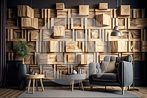 Wallpapered, wood-paneled walls with a natural wood finish. Wallcovering of wooden, tiled, and square blocks. Generative Ai