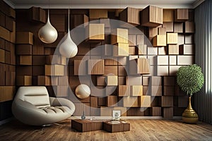 Wallpapered, wood-paneled walls with a natural wood finish. Wallcovering of wooden, tiled, and square blocks. Generative Ai