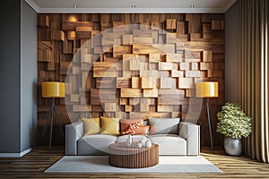 Wallpapered, wood-paneled walls with a natural wood finish. Wallcovering of wooden, tiled, and square blocks. Generative Ai