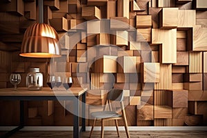 Wallpapered, wood-paneled walls with a natural wood finish. Wallcovering of wooden, tiled, and square blocks. Generative Ai