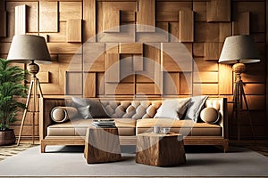 Wallpapered, wood-paneled walls with a natural wood finish. Wallcovering of wooden, tiled, and square blocks. Generative Ai