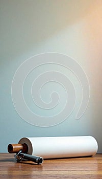 Wallpapering tools and rolls against a blank wall , home improvement, design