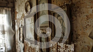 The walls of an abandoned bunkhouse are adorned with peeling wallpaper and faded photographs the memories of a bygone