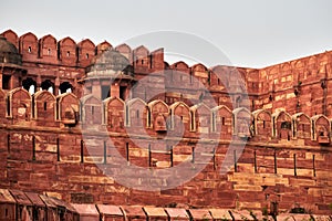 Walls of Agra red fort in India, view from main entrance Amar Singh Gate to ancient building