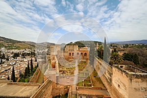 The walls of the Alcazaba in the Alhambra and the panorama of Granada