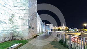 Walls of Ancient City at Night timelapse hyperlapse, Jerusalem, Israel