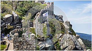 Walls of an ancient Moorish Castle, a fortress in Sintra, Portugal