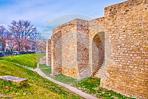 The walls of Aquincum archaeological complex in Obuda, Budapest, Hungary