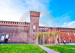 The walls and Bona di Savoia tower of Piazza d\'Armi in Sforza\'s Castle, Milan, Italy