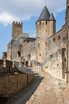 Walls of castle Carcassone, France.