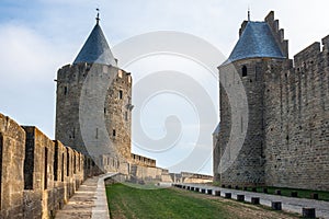 Walls of castle Carcassone, France.