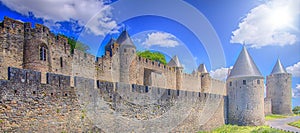 Walls of the castle of Carcassonne, France on sunlight