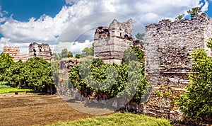 Walls of Constantinople in Fatih district of Istanbul, Turkey. Ancient Walls of Constantinople are tourist attraction in Istanbul