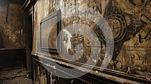 The walls are covered in aged wallpaper peeling at the corners to reveal symbols and sigils etched into the wood photo