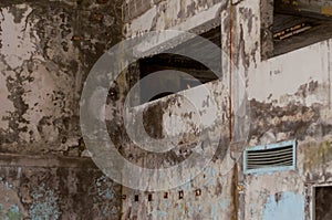 Walls of destroyed gym in ruined school in Pripyt, Chernobyl zone