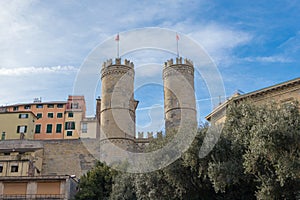 The walls of Genoa and the gate of the city Porta Soprana, Italy