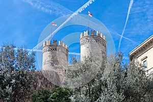 The Walls of Genoa - The Gate Porta Soprana with flags, Italy