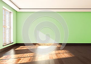 Walls of green in the empty room with window. 3d rendering