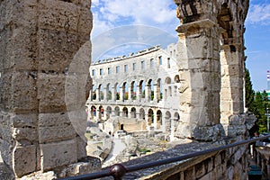Walls and interior of the Pula Arena, the only remaining Roman amphitheatre entirely preserved, in Pula, Croatia