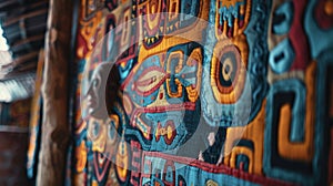 On the walls intricately woven tapestries depicting scenes from ancient shamanic rituals. The vibrant colors and symbols