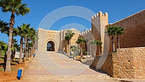 The walls of the kasbah of the Udayas and the main Almohad gate, Bab Oudaia, in Rabat, the capital of Morocco photo