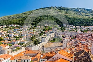 Walls of the old town of Dubrovnik and Srd mountain, Croat