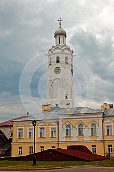 The walls of the Old Town and the towers of Veliky Novgorod, Russia. Clock Tower in Novgorod Detinets