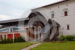 The walls of the Old Town and the towers of Veliky Novgorod, Russia. Wooden porch