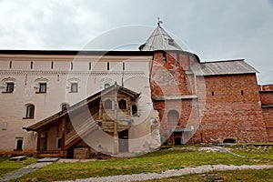 The walls of the Old Town and the towers of Veliky Novgorod, Russia. Wooden porch