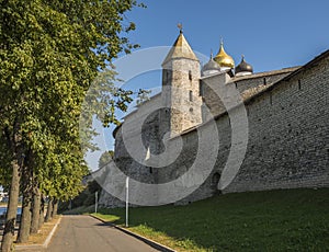 Walls and one of the ancient towers of the Pskov Kremlin.