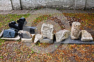 Fragments of tombstones from the necropolis of the Spaso-Andronikov monastery in Moscow, Russia photo