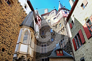 Walls surrounding inner courtyard of Eltz Castle in Rhineland-Palatinate, Germany