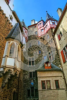 Walls surrounding inner courtyard of Eltz Castle in Rhineland-Palatinate, Germany