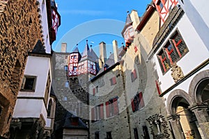 Walls surrounding inner courtyard of Eltz Castle in Rhineland-Palatinate, Germany