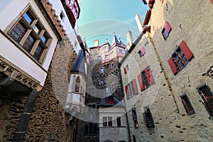 Walls surrounding inner courtyard of Eltz Castle in Rhineland-Palatinate, Germany