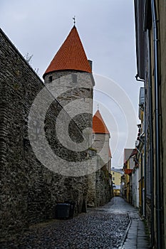 Walls of Tallinn are medieval defensive walls constructed around city of Tallinn. Plate torn. Estonia