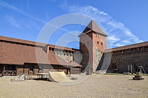 Walls and a tower of an ancient castle in the city of Lida, Belarus