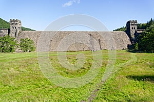 The walls and towers of the Derwent Dam in the Hope Valley, Derbyshire