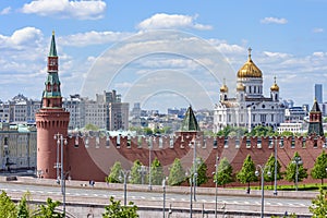 Walls and towers of Moscow Kremlin and Cathedral of Christ the Savior Khram Khrista Spasitelya, Russia