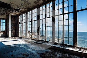 Walls and windows of destroyed factory and destroyed industrial buildings.