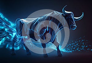 Wallstreet bull, bullish stock market sentiment concept. Finances and wealth growth, Futuristic , blue colors photo