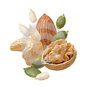 Walnut, almond, cashew nuts, pumpkin and sunflower seeds isolated on white background