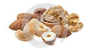 Walnut, almond, hazelnut and cashew nuts isolated on white background. Trail mix