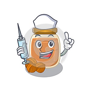 A Walnut butter hospitable Nurse character with a syringe