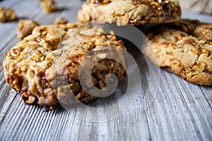 Walnut cookies close up view on wooden table