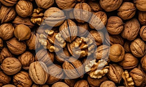 Walnut heap background. Kernels nuts wallpaper. For banner, postcard, illustration. Created with generative AI tools